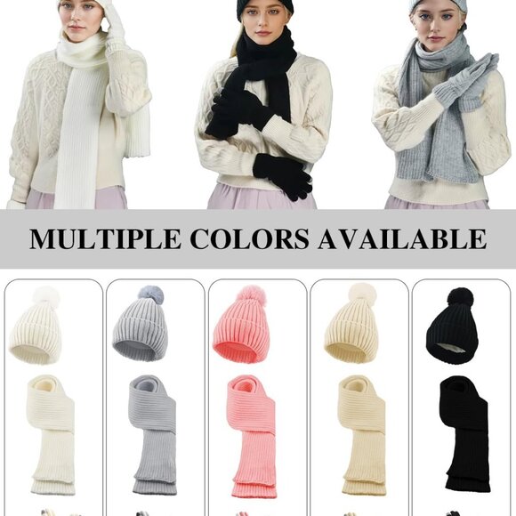 Winter Beanie Hat Scarf Gloves Set for Women, Fleece Knit Pompom Beanie Neck War - Picture 5 of 7